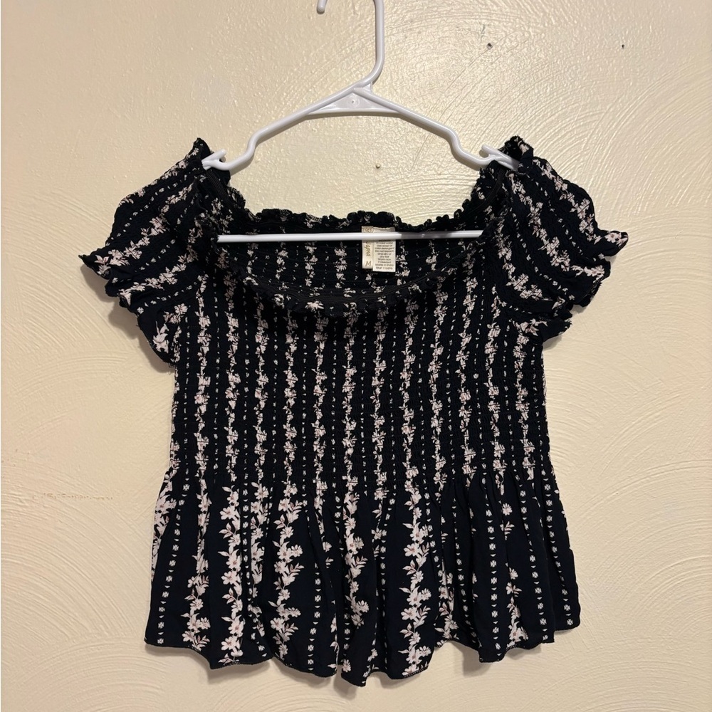 Japna Black and White Smocked Puff Sleeve Blouse